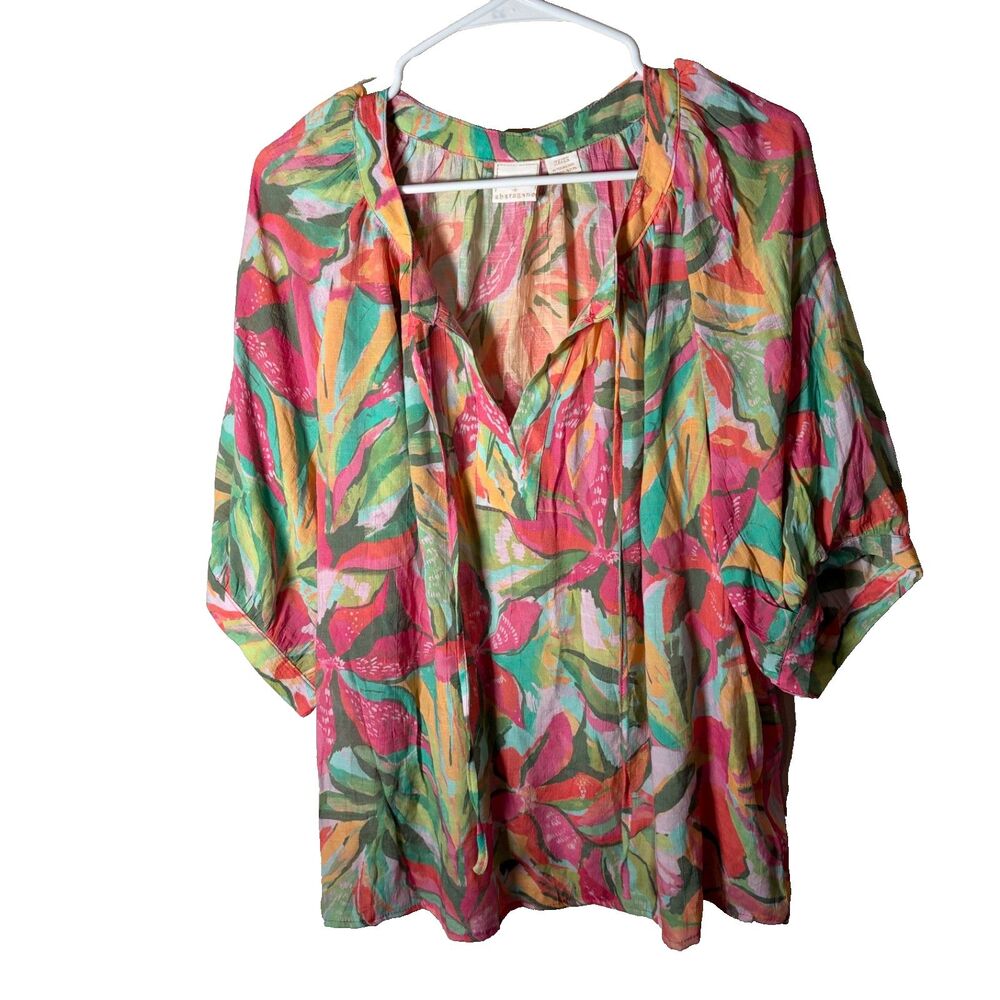 Sharagano Blouse Women's 2X V-Neck Floral 3/4 Sleeve Tie Boho Casual Shirt Top